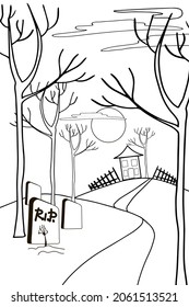 Happy Halloween. Coloring. Landscape with an abandoned house and a grave. Vector
