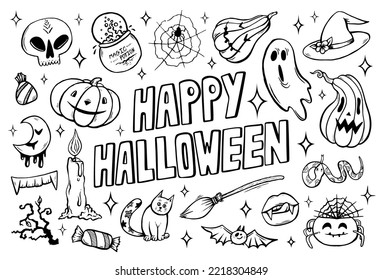 Happy Halloween coloring page with hand drawn spooky objects and pumpkins, cute Halloween coloring sheet vector illustration