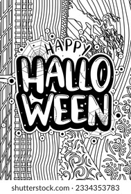 Happy Halloween, Halloween Coloring Page, Halloween Quotes typography Coloring page design.