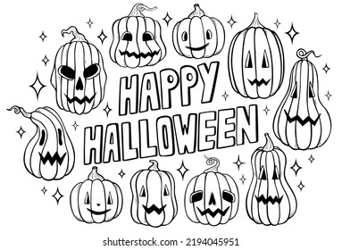 Happy Halloween coloring page with spooky pumpkins, hand drawn cute Halloween coloring sheet vector illustration