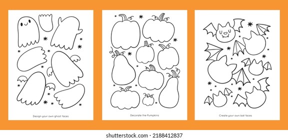 Happy Halloween - coloring pages for kids. Printable activity, worksheets. Educational game for preschool. Learn numbers and colors. Vector cute cartoon worksheets