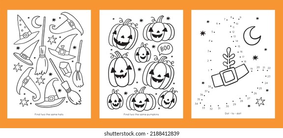 Happy Halloween - coloring pages for kids. Printable activity, worksheets. Educational game for preschool. Learn numbers and colors. Vector cute cartoon worksheets