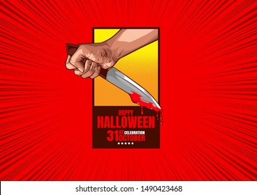 happy halloween comic cover template, Hand holding a knife on red background, speech bubbles, doodle art, Vector illustration, you can place relevant content on the area.