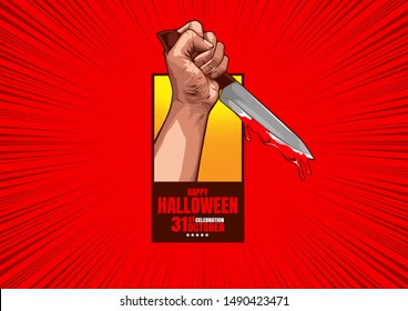happy halloween comic cover template, Hand holding a knife on red background, speech bubbles, doodle art, Vector illustration, you can place relevant content on the area.