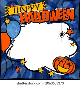 Frohe Halloween Comic-Rahmen mit Kürbis, Sternen und Ballons. Helle Vorlage mit hängender Spinne und weißem Wolkenrahmen für ein Poster oder ein Banner . Vektorgrafik auf der Halloween-Party oder Werbung.