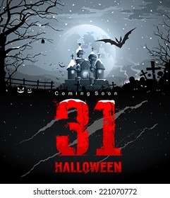 Happy halloween, coming soon, red message halloween moon night background, vector illustration