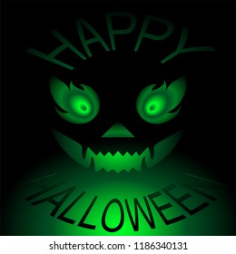 Happy Halloween compliment with poison green shadow smile in center. Holiday greeting card on glowing black background.