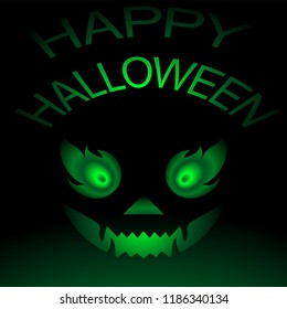 Happy Halloween compliment with poison green shadow smile on bottom. Holiday greeting card on glowing black background.