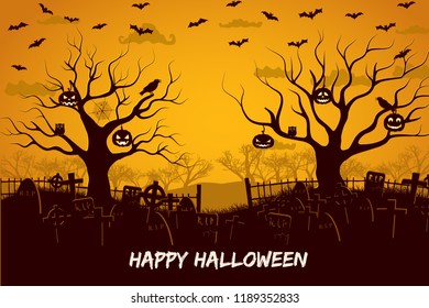 Happy halloween composition with birds and lanterns at trees cemetery and flying bats at sunset vector illustration