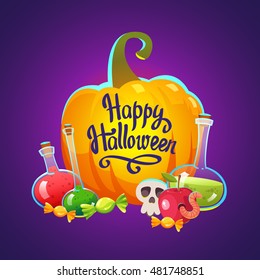 Happy Halloween composition. Funny background with scary objects and pumpkin. Vector set with potions, apple with worm, candy in cartoon style.