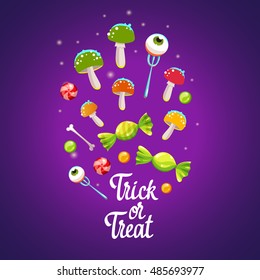 Happy Halloween composition. Funny vector illustration with multicolored potion, candies, and amanitas for holiday in cartoon style. Trick or treat poster.