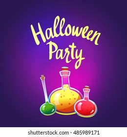 Happy Halloween composition. Funny vector illustration with multicolored potion for holiday in cartoon style. Vessels of various shapes.