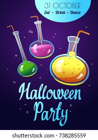 Happy Halloween composition. Funny vector illustration with multicolored potion for holiday in cartoon style.