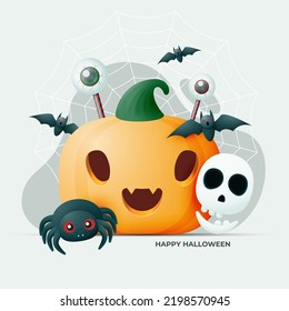 Happy Halloween composition from pumpkin bats skull and eyes.