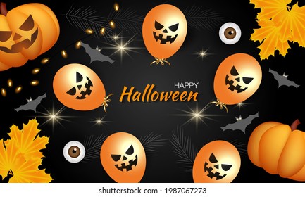 Feliz Halloween. Composición con calabazas, globos y murciélagos, decoraciones navideñas. Ilustración vectorial realista.