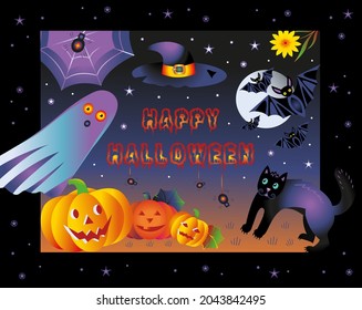 Happy halloween.  Composition with pumpkins, bats, black cat, ghost, web, spiders against the background of the night sky and full moon. Picture with inscription for background, cover, poster.