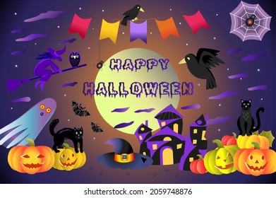 Happy halloween.  Composition with pumpkins Jack O' Lantern, bats, crows, black cat, ghost, webs, spiders, mysterious castle, witch on a broom against the background of the night sky and full moon. 
