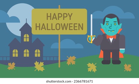 Happy Halloween composition vampire holding saber and smiling. Vector Illustration