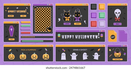 Happy Halloween computer windows with holiday symbols and text greetings. Retro technology with Halloween signs and drawings. Vector illustration set.