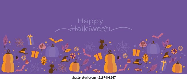 Happy Halloween concept background decoration with autumnal and Horror elements. Halloween pumpkins, candy, leaves and skulls on purple background. Vector illustration.
