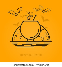 Happy halloween concept with bats, moon, cauldron and bubbles. Night party design for banner, web graphics, wallpaper, page background, invitation. Vector Illustration 31 october in outline style.