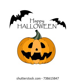 Happy Halloween Concept. Bats. Pumkin With Scary Face And Lettering Hand Drawn