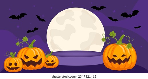 Happy Halloween. Halloween concept with bats, pumpkin, moon and stage podium on black background. Vector illustration design template for banner or poster.