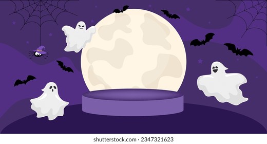 Happy Halloween. Halloween concept with bats, pumpkin, moon, ghost and stage podium on black background. Vector illustration design template for banner or poster.