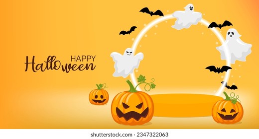 Happy Halloween. Halloween concept with bats, pumpkin, moon ghost and stage podium on orange background. Vector illustration design template for banner or poster.