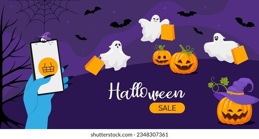 Happy Halloween. Halloween concept with bats, pumpkin, moon, cast. Zombie hand holds phone. Vector illustration design template for banner or poster.