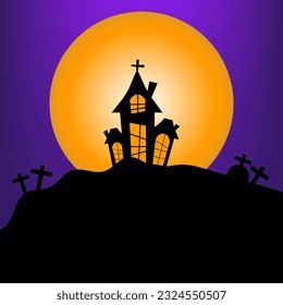 Happy Halloween concept. Black Halloween haunted house with the full moon on a spooky night with a purple sky with the tombstone. Silhouette landscape.  





 