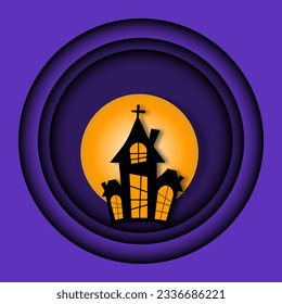 Happy Halloween concept. Black Halloween haunted house with the full moon on a spooky night with a purple sky. Silhouette landscape. Papercut style.





 