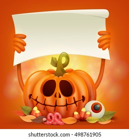 Happy Halloween concept card with pumpkin holding paper banner. Vector illustration