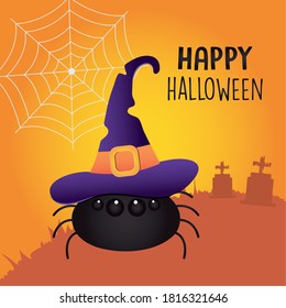 Happy halloween concept, cartoon spider with witch hat over orange background, colorful design, vector illustration
