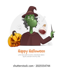 Happy Halloween Concept With Cartoon Witch Holding Magic Wand, Jack-O-Lantern And Potion On White Background.