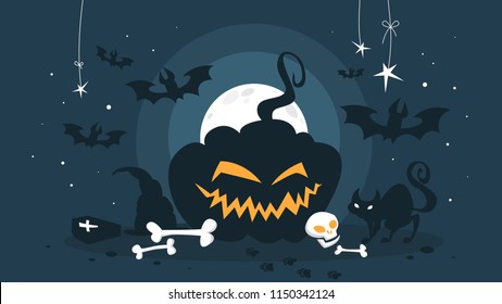 Happy Halloween concept. Celebrating holiday. Scary pumpkin and black coffin. Funny decoration. Flat vector illustration
