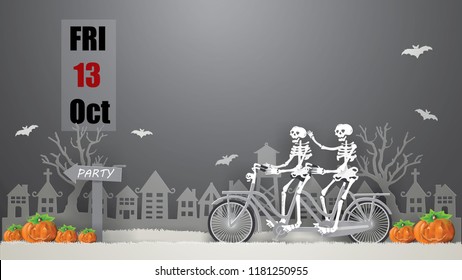 HAPPY HALLOWEEN concept with Couple Skeletons riding bicycle on gray grass go to party Friday 13 night,paper craft and illustration.
