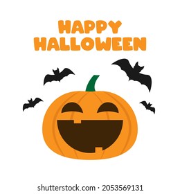 Happy Halloween. Halloween concept. Cute pumpkin laughing happy and flying bat silhouette. Flat design vector illustration isolated on white background.