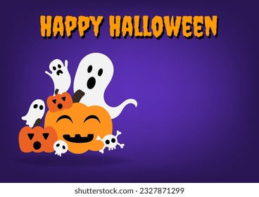 Happy Halloween concept. Cute white ghost characters with pumpkin cartoon and orange text on purple background for cards, banners, and web. Spooky expression. 
