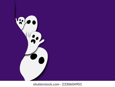 Happy Halloween concept. Cute white ghost characters on purple background for cards, banners, and web. Spooky expression. Papercut art.
