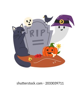 Happy Halloween concept design isolated on white. Drawing including colorful characters black cat, jack pumpkin lantern, skull, ghost in witch hat and crow on grave. Vector flat linear illustration