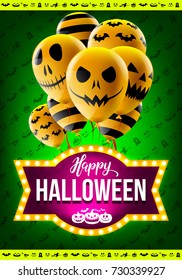 Happy Halloween concept with Halloween Ghost Balloons.Scary air balloons and Retro light sign for Halloween.Flyer or invitation template,Brochures,Poster or Banner.Vector illustration EPS10