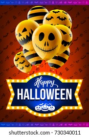 Happy Halloween concept with Halloween Ghost Balloons.Scary air balloons and Retro light sign for Halloween.Flyer or invitation template,Brochures,Poster or Banner.Vector illustration EPS10