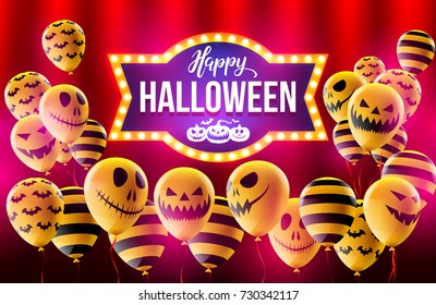 Happy Halloween concept with Halloween Ghost Balloons.Scary air balloons and Retro light sign for Halloween.Flyer or invitation template,Brochures,Poster or Banner.Vector illustration EPS10