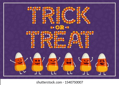 Happy Halloween concept greeting card, poster. Trick or treat background. Funny candy corn character collection. Cute kids wallpaper. Related holiday sweets set in cartoon style. Vector illustration