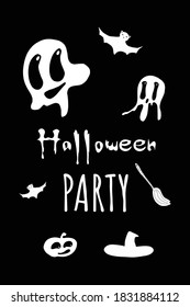 Happy Halloween. concept of greeting cards waiting for an invitation to a Halloween party. Vector illustration with ghosts, a witch s broom and a hat on a black background. Hand-drawn style.
