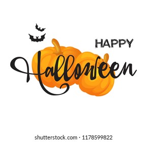 Happy halloween concept. Hand drawn  calligraphy with pumpkin and bats isolated on white background. Design for holiday greeting card, invitation, flyers, posters, banner, web page, fabric, brochures.