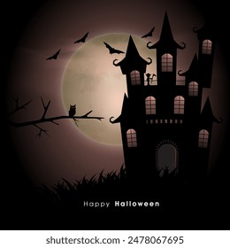 Happy Halloween concept with haunted house and flying bats on horrible night background.