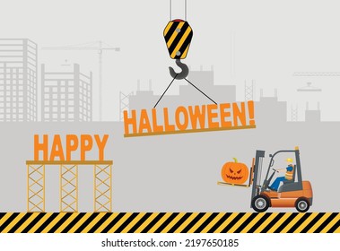 Happy halloween concept. Happy Halloween inscription set on the background of a construction site and a forklift with a festive pumpkin. Flat vector illustration.