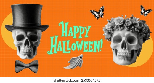 happy halloween concept with lettering skull wearing top hat floral crown wreath smiling ghost floating halftone grunge dotted effect collage elements spooky fun spirit design orange grid background